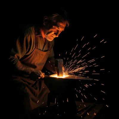 A blacksmith's forge: the glowing orange metal illuminating the smith's face and