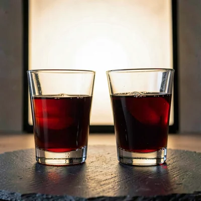 Two glasses of amaro clinking softly against a slate surface, lightbox glow behi