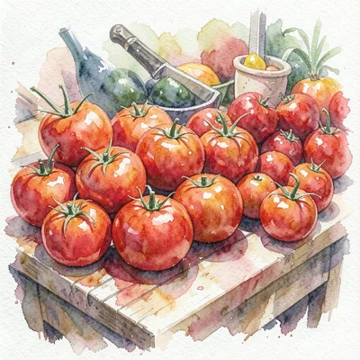 A farmers market table of ripe tomatoes and peppers, the red washes bleeding int