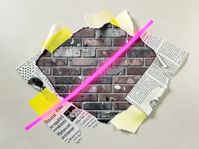 Wall imagined as torn brick photograph carries a fluorescent pink seam cutting t