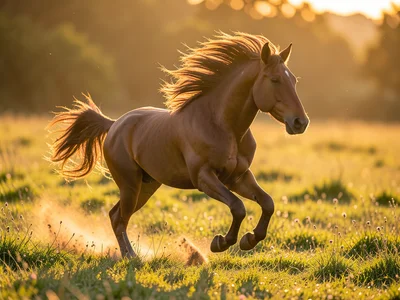 Horse galloping through a meadow at golden hour, mane flowing, powerful stride