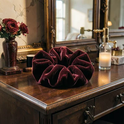 Velvet scrunchie on vanity, 90s luxury revival, hair accessories
