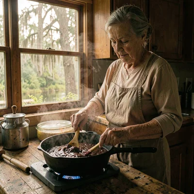 Atmospheric photograph with Louisiana bayou sensibility, A woman in her sixties 
