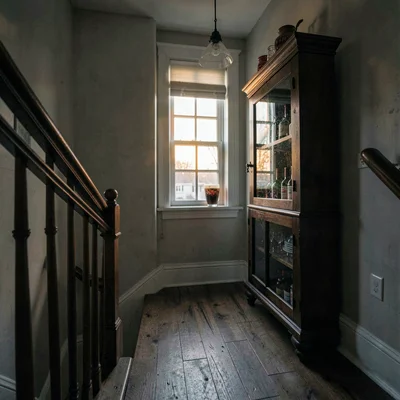 Quiet stair landing with a beer-stein cabinet, late afternoon glow