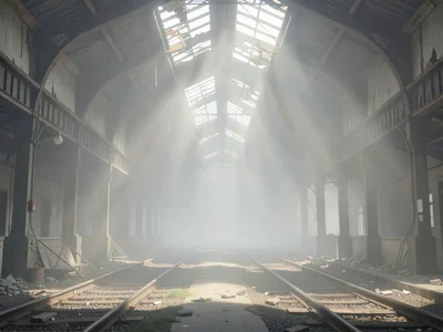Disused railway station hall with broken skylights, rays of weak sun catching du
