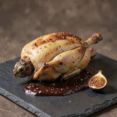 Whole roasted whole quail on dark slate with a smear of dark fig jam and a singl