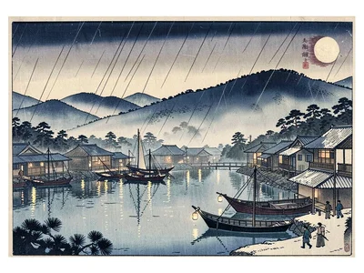 Coastal fishing village at night — lantern reflections in the still water, hills