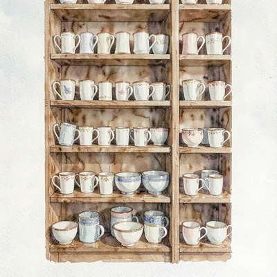 Vertical watercolor of a tall storage shelf with rows of finished mugs and bowls