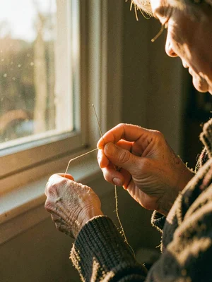A grandmother's hands threading a needle in late afternoon window light, the thr