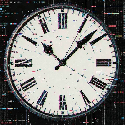 Glitch art illustration, clock face corrupted and stretched , digital corruption