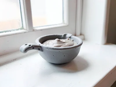 Poured putty-grey gravy boat with a slumped lip and fingernail dents along the h