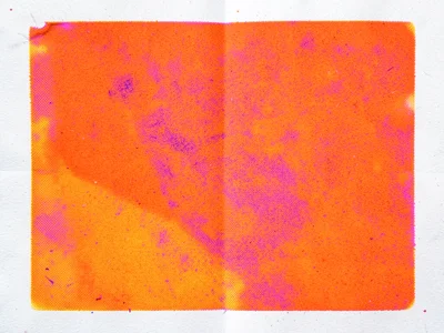 Heavy ink risograph pull, so much fluorescent orange that paper buckles slightly