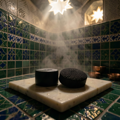 Moroccan hammam architecture photography, zellige tile and steam,. A closeup still life of black beldi soap and a textur