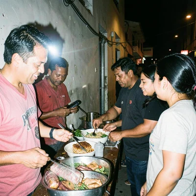 Street food vendor serving customers at night