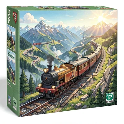 Board game box illustration, a train racing through alpine mountains, multiple r