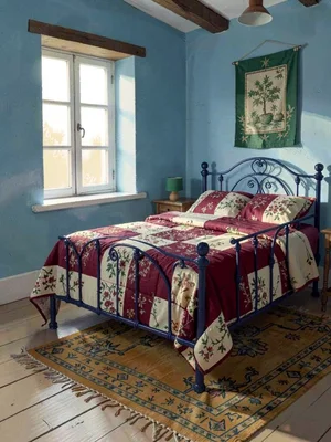 Egg-blue-walled cottage bedroom at first light with one casement window, garnet-