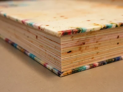 Marbled book edge, colorful pattern applied to trimmed page edges, different fro