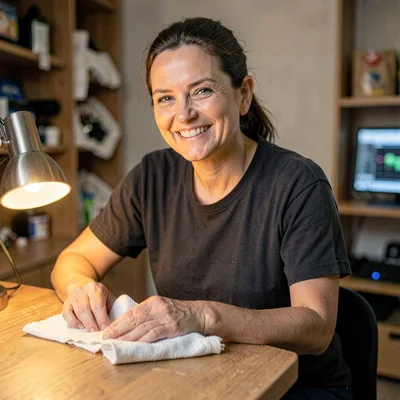 Portrait of a smiling tech wiping hands on a shop rag, single warm lamp pool