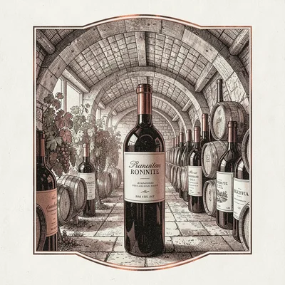 Wine label illustration, Wine cave with bottles aging , elegant estate scene, vi