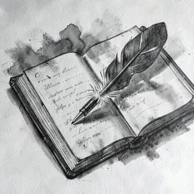 charcoal drawing of an open ledger with quill pen, smudgy shadows