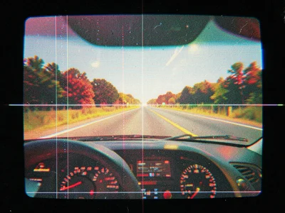 Tape-worn recording of summer road trip, dashboard view, color bleeding