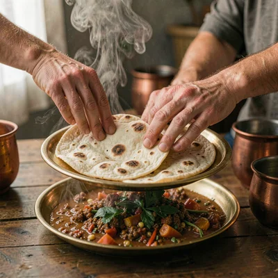 Intimate warm-toned photograph, Hands breaking injera flatbread over brass servi