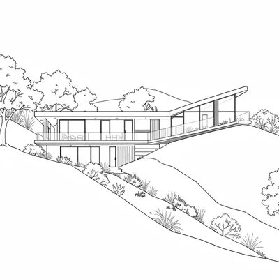 floor plan of a modernist hillside home with cantilevered wings, no text