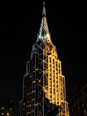 Chrysler Building-style spire but with LED strips tracing every geometric detail