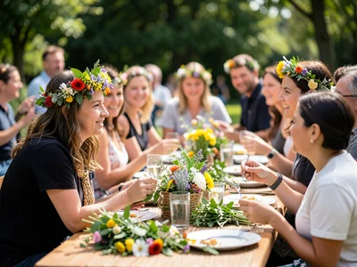 May Day celebration with woven flower crowns, outdoor table, fresh spring garlan
