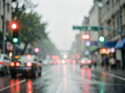 Traffic lights blurred in rain