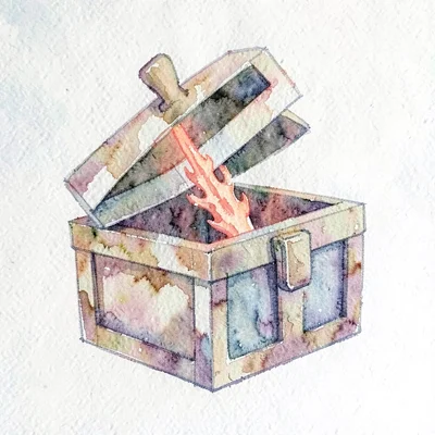 abstract treasure-chest shape with the lid mid-flip and a single coral light-ray