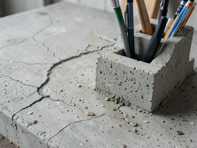 Concrete desk organizer set holding pens and tools, brutalist design, workshop