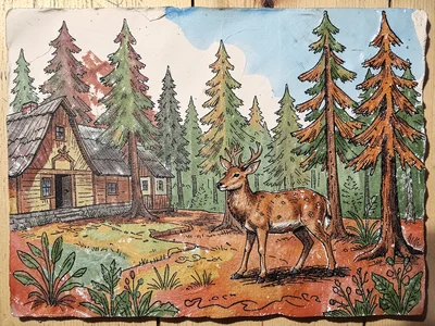 Sgraffito deer forest scene