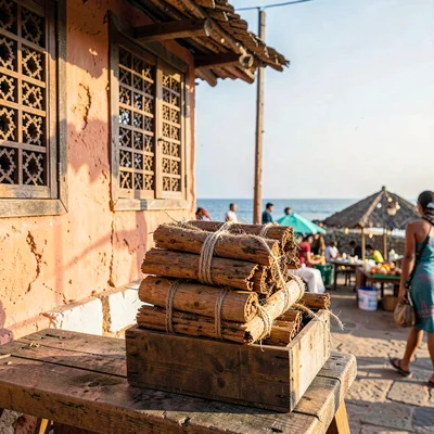 Coastal architecture photograph with Swahili influences, Cinnamon bark bundles t