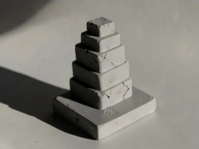 A monolithic stepped tower of unpainted grey clay perched on a tilted plinth, ra