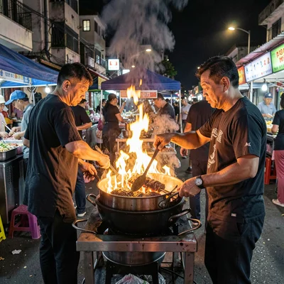 Night market cooking flames