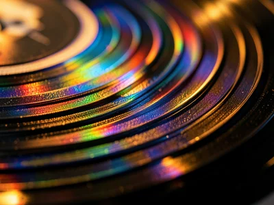 Raking sidelight across LP surface, groove spiral creating concentric rainbow re