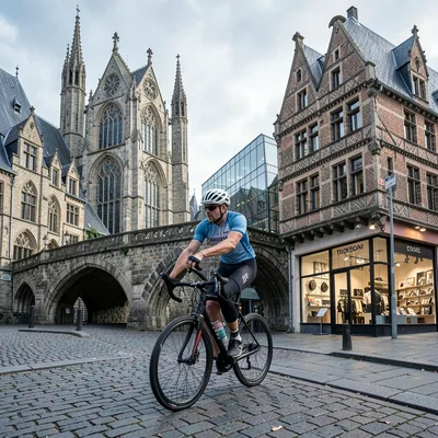 Medieval-modern temporal collision, Ghent layers, Cyclist in aerodynamic gear cr