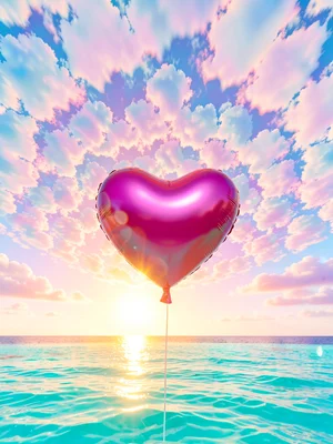 Heart-shaped glossy balloon hero centered against a fractal cumulus sky over a t