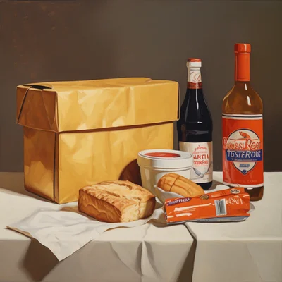 Oil painting of a kraft dinner box on the counter. na