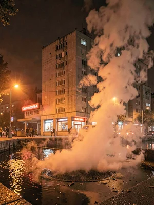Street steam and brutalist backdrop