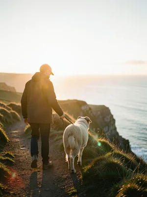 Person walking a sheepdog along a cliff path, Slieve League, sun behind them, ri