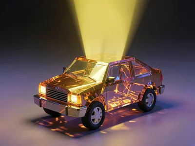 Citrine glass taxicab catching internal yellow light from above set against a ch
