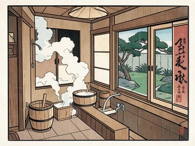A bathhouse scene: steam-filled interior, wooden buckets, a garden visible throu