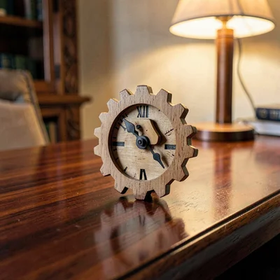 Single 3D wooden gear-clock puzzle ticking on a polished walnut desk, warm lamp 
