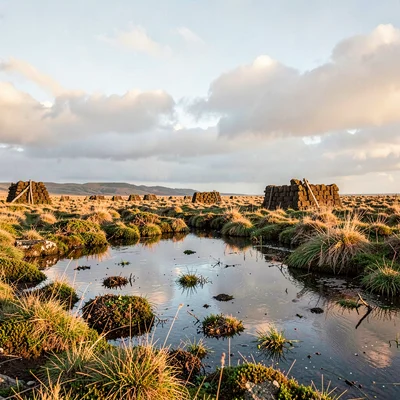 Connemara bog light, Atlantic silver, Turf stack drying in field, brown blocks a