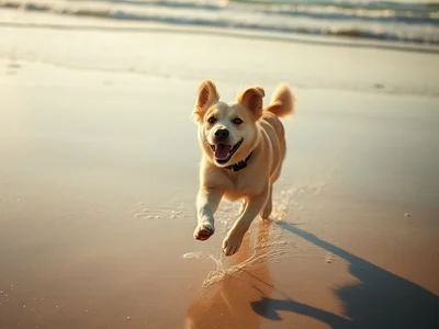 Candid photography style, a joyful dog running along the shoreline on a sunny beach, low-angle action shot, wet sand ref