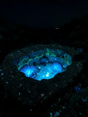 Rock pool at night with trapped bioluminescence — small pool of blue-lit water i