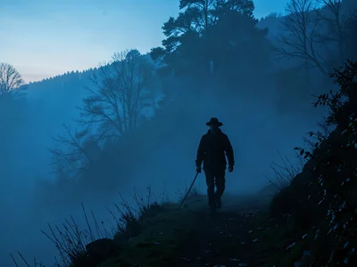 Early worker walking into fog becoming silhouette