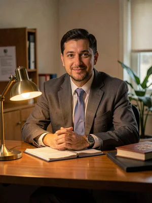 Lamp-lit portrait of a community-bank manager at a small office desk with a bras